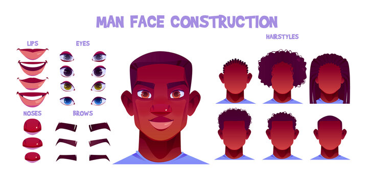 卡通个性男性角色面部构造建立元素集合