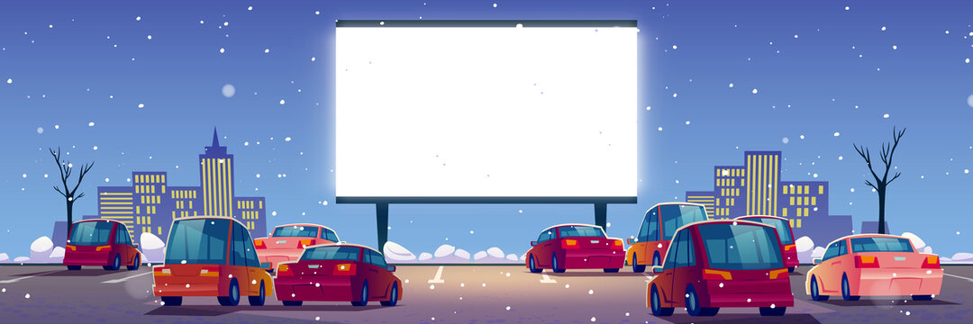 户外汽车影院看电影下雪场景