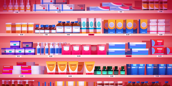 粉红色药店货架上整齐摆放的药品