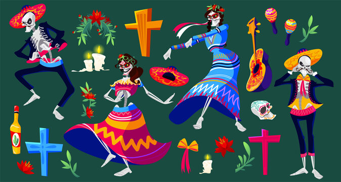 墨西哥亡灵节骷髅人物与装饰集合