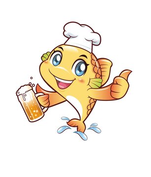 卡通可爱小鱼厨师喝啤酒矢量图