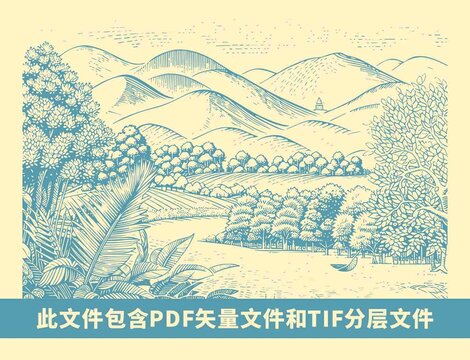 版画风格山水