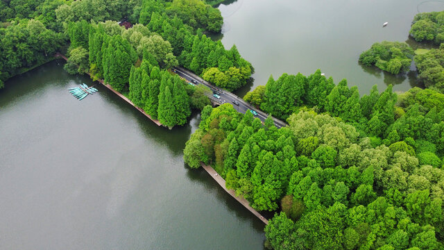 杭州西湖杨公堤神舟基地绿色航拍