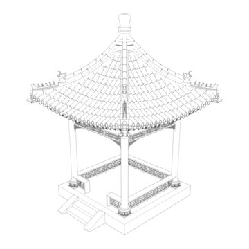 彩绘方亭鸟瞰线稿图