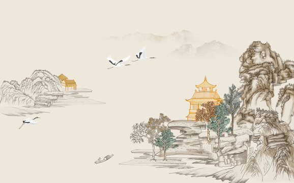 新中式山水背景墙壁画