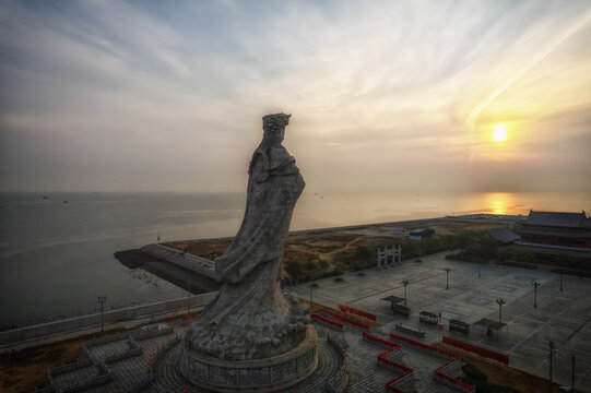 天津妈祖塑像日出日落航拍