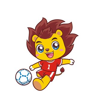 卡通可爱狮子踢足球形象矢量图