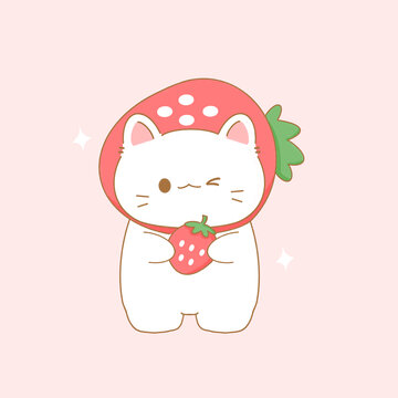 卡通草莓小猫插画