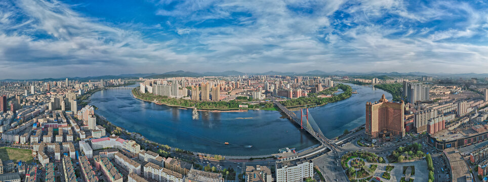 吉林城市建筑松花江风光全景航拍