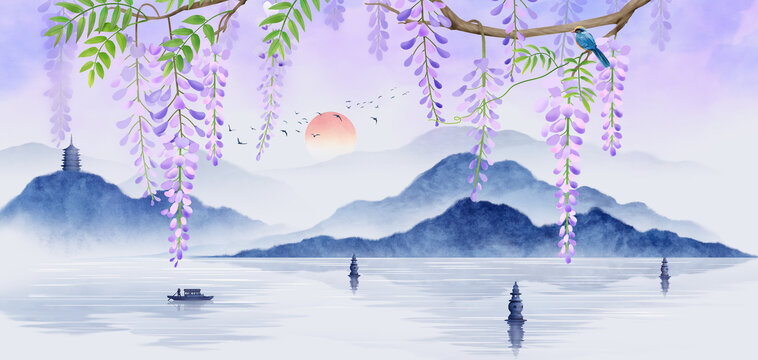 紫藤花西湖山水画