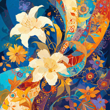 抽象花卉油画插画佩斯利风格