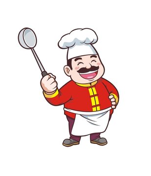 卡通中年男厨师拿大勺形象矢量图
