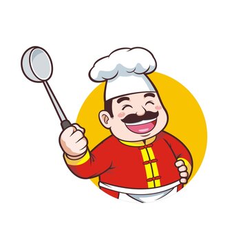 卡通中年男厨师拿大勺头像矢量图