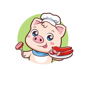 卡通可爱小猪厨师端红肠头像