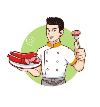 卡通年轻男厨师端红肠头像矢量图