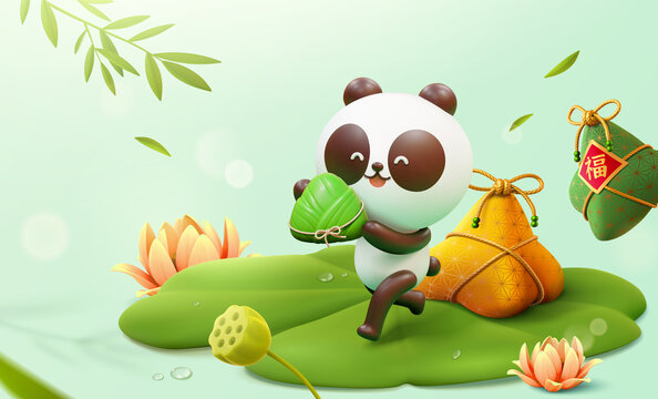 三维端午节插图 荷叶上手拿粽子的可爱熊猫