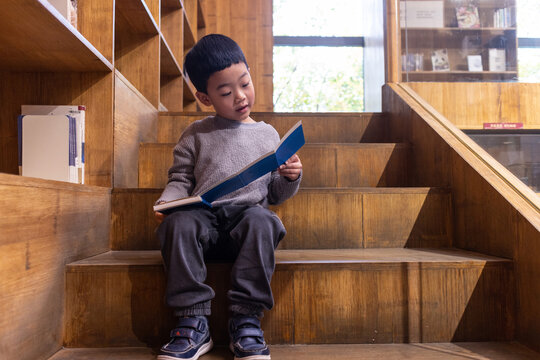 一个小男孩看书