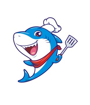 卡通可爱小鲨鱼厨师拿锅铲形象
