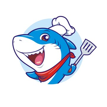 卡通可爱小鲨鱼厨师拿锅铲头像