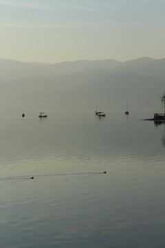 清晨薄雾下的邛海渔船和野鸭