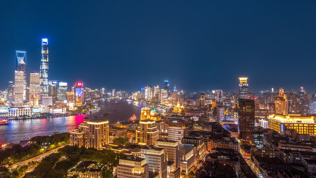 航拍上海建筑天际线夜景