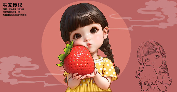 手拿草莓的小女孩插画