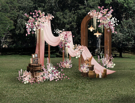 户外草坪美式木质婚礼粉紫色花艺