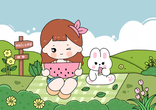 卡通小女孩和兔兔本子封面设计