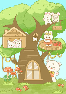 可爱动物树屋插画
