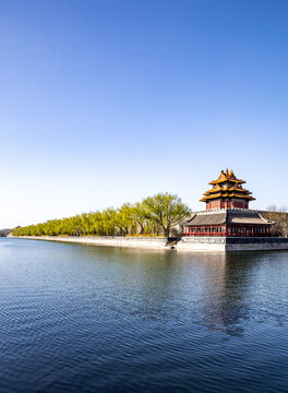 北京故宫角楼建筑护城河倒影景观