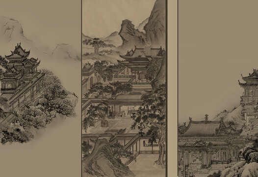 新中式线描山水手绘亭台楼阁壁画