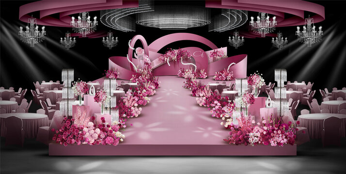 玫红色婚礼舞台效果图设计
