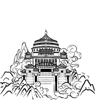 重庆大礼堂版画黑白手绘