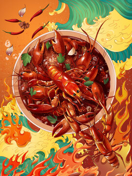 小龙虾夏季美食节插画