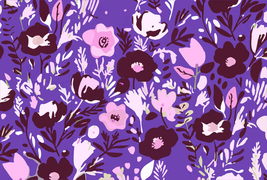 花卉植物插画图案紫色纺织品