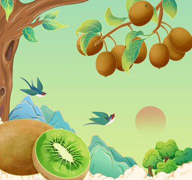 国风猕猴桃果树手绘插画