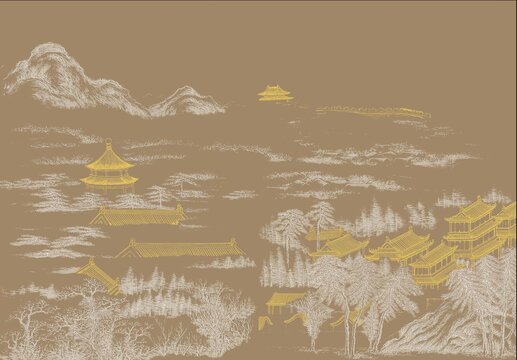 新中式写意线描山水背景墙