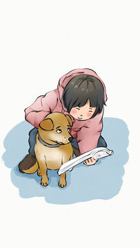 女孩和狗看书学习插画