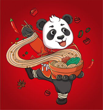 国潮插画熊猫吃面条