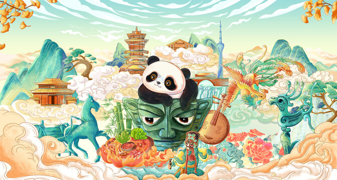 三星堆面具熊猫国风插画