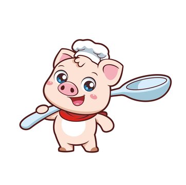 卡通可爱小猪厨师扛大勺形象