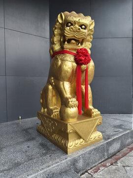 披红的金色石狮子