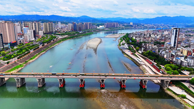航拍陕西安康汉江大桥
