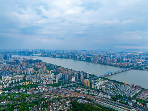 杭州钱塘江与城市风光航拍