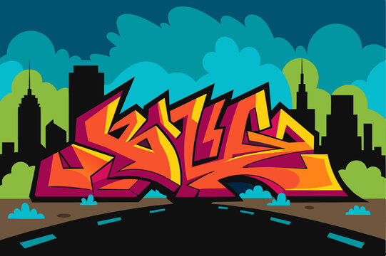 手绘卡通城市街头艺术嘻哈涂鸦墙