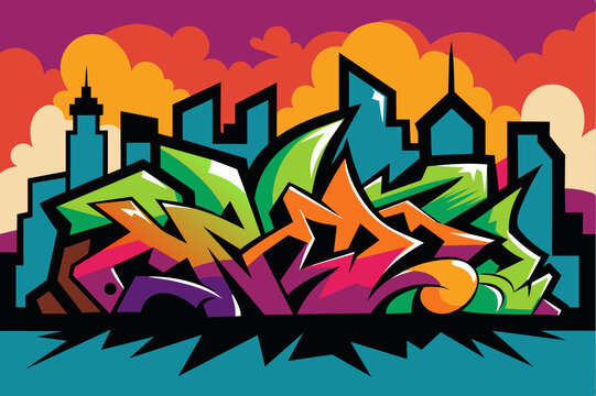 彩色手绘嘻哈城市街头艺术涂鸦墙