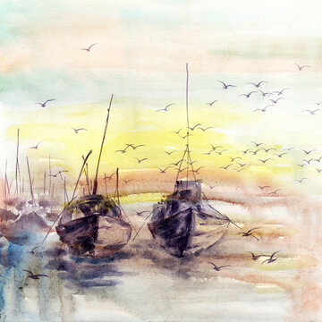 黄昏下的海边渔船风景手绘水彩画