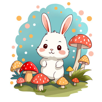 可爱小白兔与蘑菇插画插图手绘