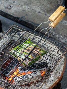 碳炉上放在烧烤架里的烤鱼
