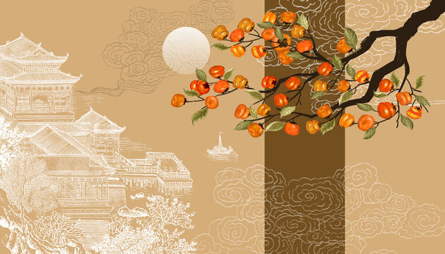 中式楼阁刺绣山水壁画